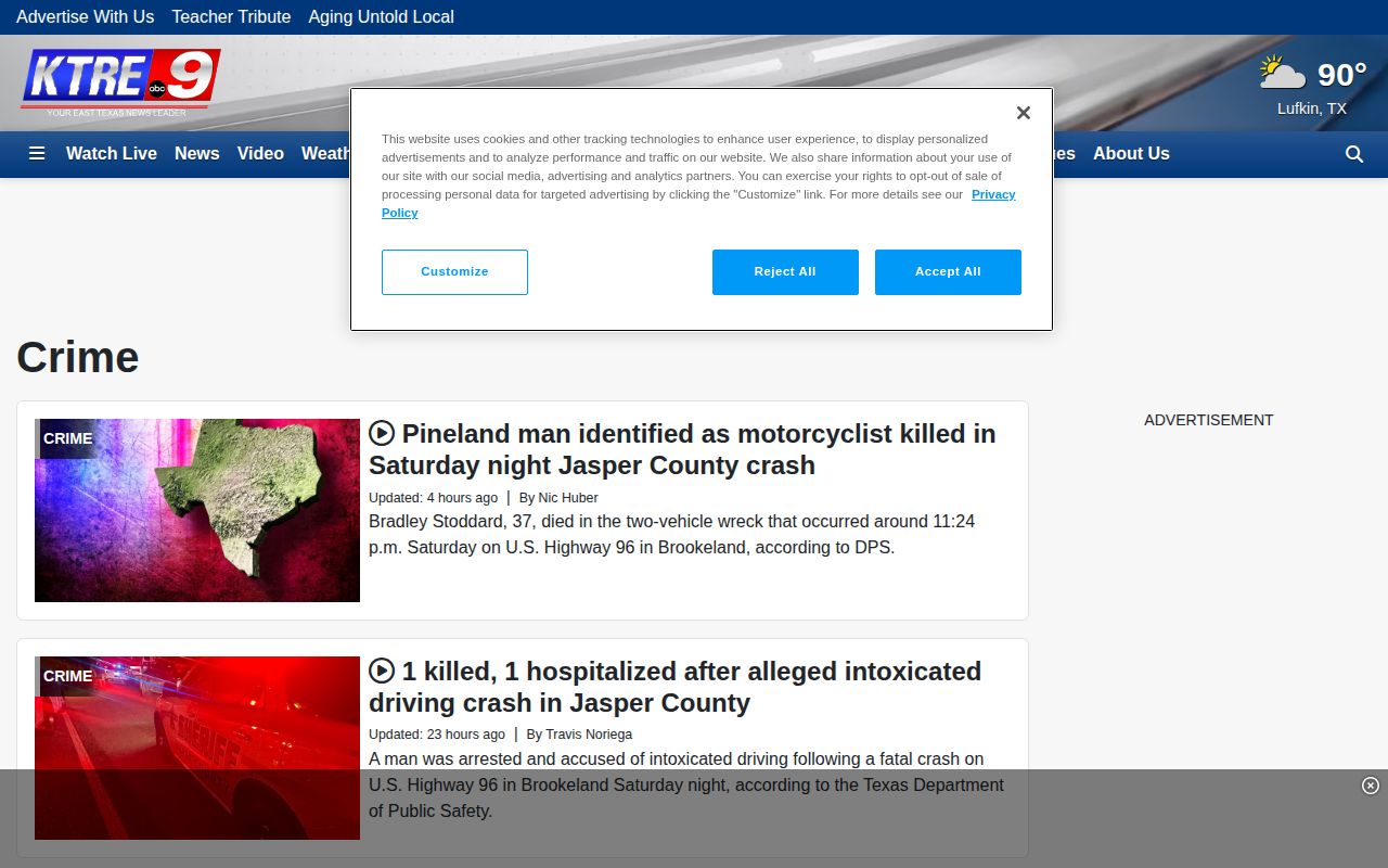 KTRE crime news page for Trinity County arrest-news coverage