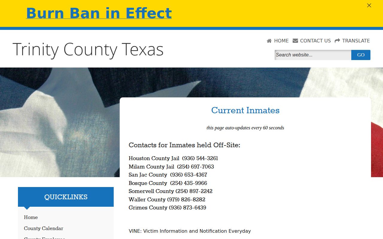 Trinity County current inmate booking roster search interface