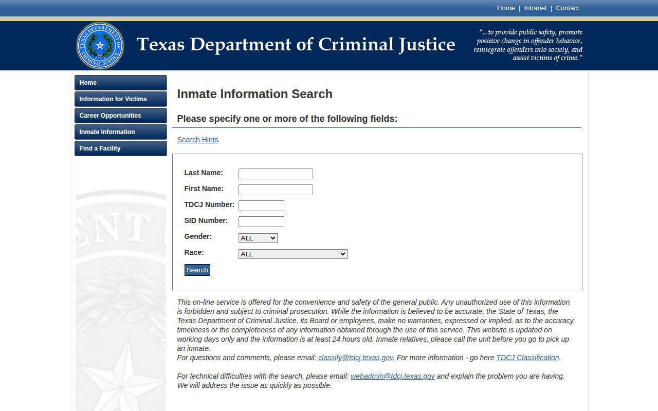 Texas Department of Criminal Justice search for Trinity County state custody records